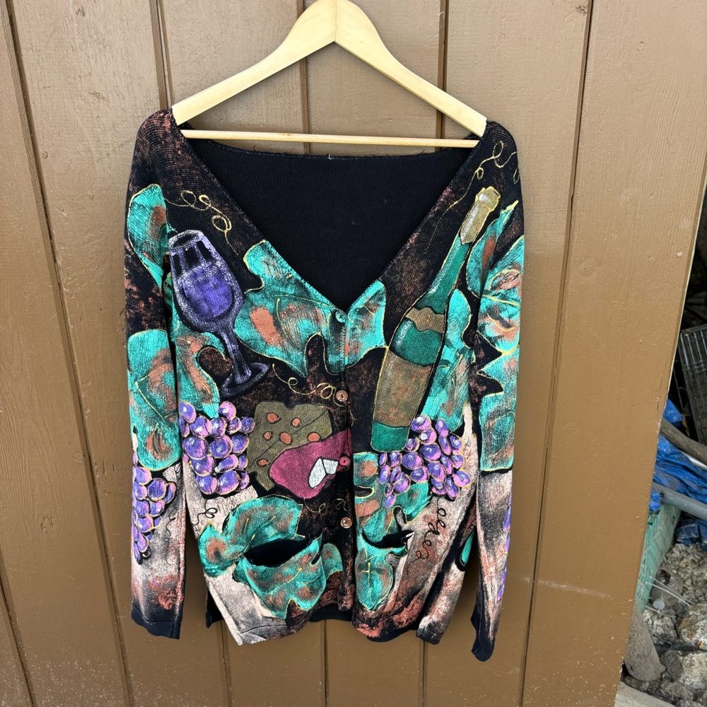 Vintage Kolorway Sweater Large Hand Painted Wine And Cheese Theme Very Unique